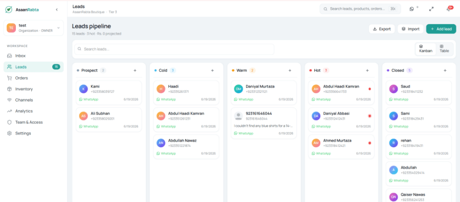 AsaanRabta leads pipeline dashboard